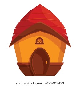 Small fantasy house with red roof and brown door, cartoon style building