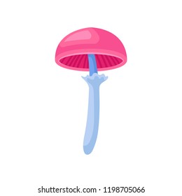 Small fantasy mushroom with bright pink cap and blue stalk. Magic forest plant. Flat vector for children story book