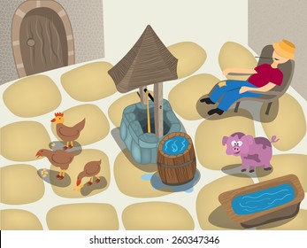 Small farm cartoon scenery with well.