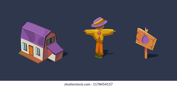 Small farm house and scarecrow, mobile game user interface GUI element for video computer games vector Illustration