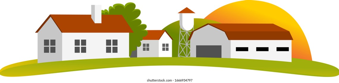 Pequeña granja, amanecer, fondo aislado, ilustraciones de dibujos animados