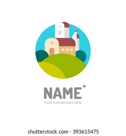 Small farm surrounded by meadows and trees. Kids logo, illustration, design template. Company, shop, symbol concept icon. Element in vector.