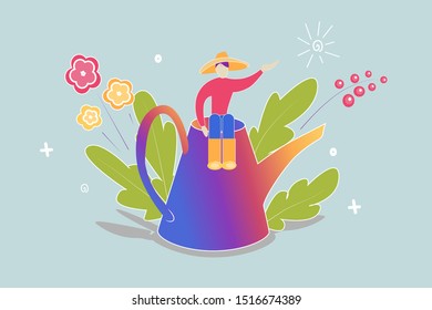 a small farmer sits on a watering can surrounded by plants and flowers on a blue background.Picture for postcards and banner