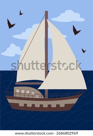 A small, fast ship with a deck on board in the open sea, surrounded by seagulls. In the background is the horizon, blue sky, and small clouds