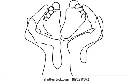 
small feet in hands. mom and baby. black and white illustration. logo. icon. love. family. mother and newborn