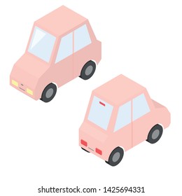 Small female pink car in isometric style. Two types - front and rear