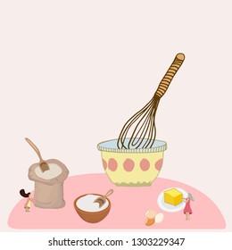 Small females baking. Vector flat illustration.