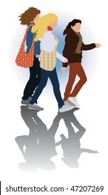 Small feminine walking group in casual clothes. Vector color illustration.