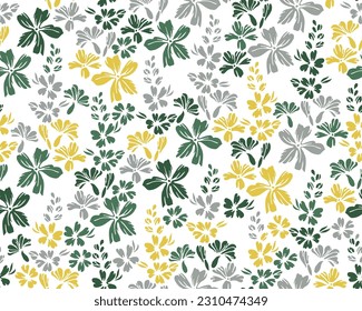 Small field buttercup flowers repeat ornament vector illustration. Ditsy gentle motif. Floral wallpaper print with flower inflorescences. Buttercups blossom summer print.