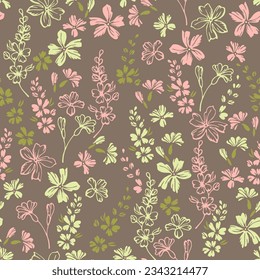 Small field buttercup flowers repeat ornament vector design. Millefleurs elegant motif. Country-style textile print with flower inflorescences. Forget-me-nots bloom summer print.