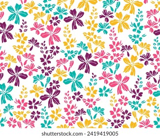 Small field buttercup flowers repeat pattern vector illustration. Millefleurs retro motif. Floral fabric print with flower inflorescences. Forget-me-nots blossom spring print.