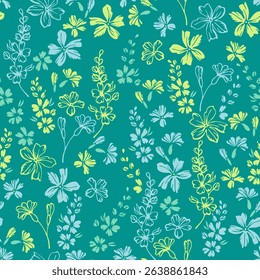 Small field forget-me-not flowers repeat pattern vector illustration. Ditsy rustic motif. Shabby chic textile print with flower racemes. Forget-me-nots blossom summer print.