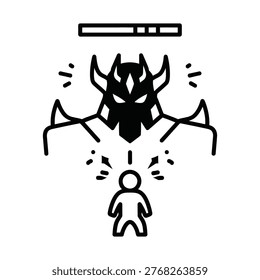 A small figure confronts a large menacing insect-demon towering above, signaling fear, danger, and confrontation.
