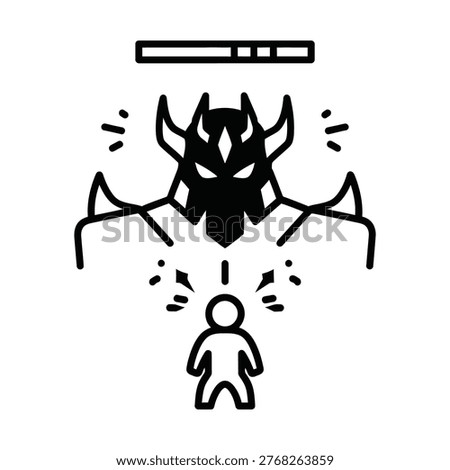 A small figure confronts a large menacing insect-demon towering above, signaling fear, danger, and confrontation.