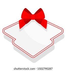 Small figured carved white greeting card with bright red bow. Design for prizes, gifts, surprises, for sale, discounts. For Birthday, New Year and Christmas, Valentine Day. Flat cartoon objects ,