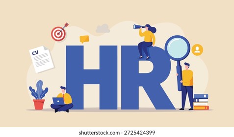 Kleine Figuren interagieren mit riesigen "HR"-Buchstaben, die Rekrutierung und Talentgewinnung symbolisieren, mit einem Lebenslauf und Ziel im Blick.