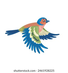 Small finch bird is flying. In cartoon style. Isolated on white background. Vector flat illustration.