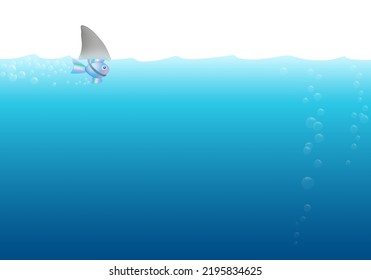 Small Fish With Fake Shark Fin Costume Swimming Alone And Anxious In Deep Dangerous Ocean Water Background, With Bubbles. Vector Comic Illustration.
