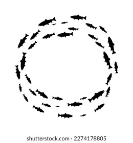 Small fish flock of round shape, top view vector illustration. Abstract silhouette of school of fish in sea or ocean water, minimalistic colony of shoal or deep underwater wild animals in circle