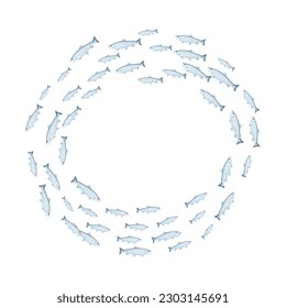 Small fish flock of round shape, top view vector illustration. School of fish in sea or ocean water, minimalistic colony of shoal or deep underwater wild blue animals in circle.