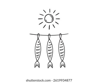 Small fish hang on a rope, sun dry. seafood labels, beer snack icon doodle hand drawn. Outline line drawing clipart symbol. . Vector illustration