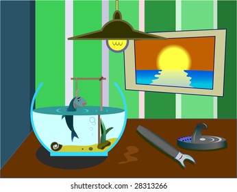 The small fish was hung up in an aquarium