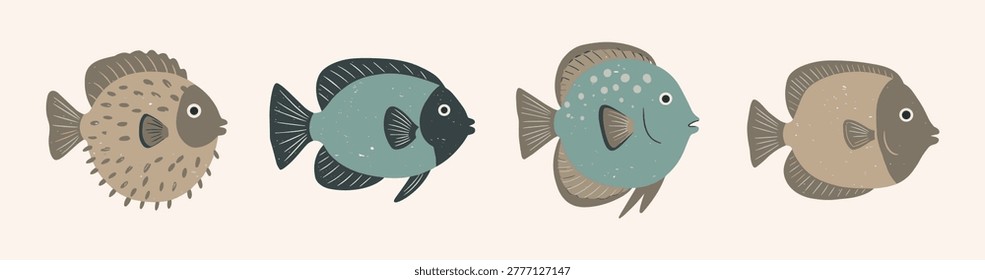 Small fish icons sequence in soft pastel tones minimal design