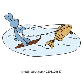 A small fish rides a hare on water skis. Illustration for calendar, children's book. Vector illustration isolated on white background.