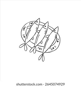 Small fish served on a plate. Food illustration. Hand drawn vector illustration, balck and white minimalist drawing.