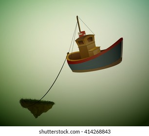 small fish ship or boat lies at anchor in the dreamland flying rock,  magic ship flying in the air, vector