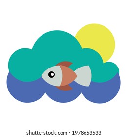Small fish swims in the waves against the background of the sun and sky logo, tourism emblem