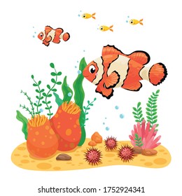 Small fish underwater with corals. Vector illustration.
