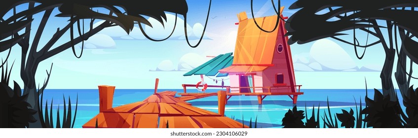 Small fisherman hut on stilts in sea water. Vector cartoon illustration of beach house with wooden old pier, tropical forest trees on island shore, blue sky with clouds on sunny day. Exotic bungalow