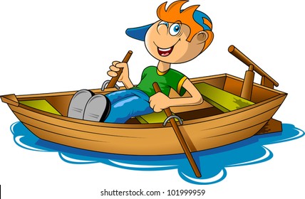 Small Fisherman On A Big Boat. (vector Illustration);
