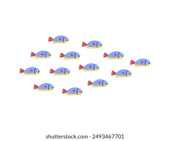 Small fishes group swimming vector flat illustration. Cartoon colorful fishes marine wildlife, tropical ocean or sea fauna, underwater animal. Isolated on white background