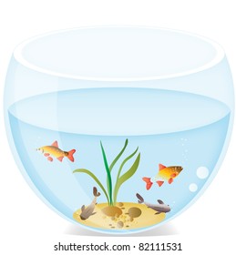 Small fishes in a round aquarium. Vector illustration