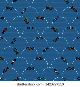 Small Fishes Seamless Childish Pattern. Background for Kids with Hand drawn Doodle Cute Fish. Cartoon Sea Animals Vector illustration in Scandinavian style