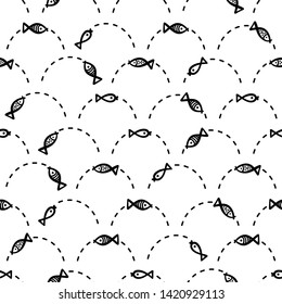 Small Fishes Seamless Childish Pattern. Background for Kids with Hand drawn Doodle Cute Fish. Cartoon Sea Animals Vector illustration in Scandinavian style