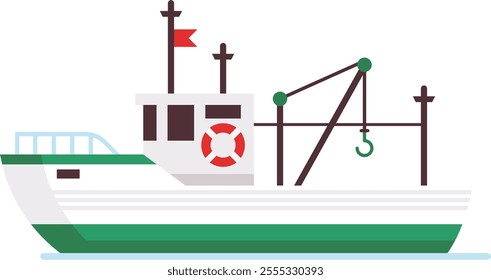 Small fishing boat floating on the water, featuring a crane equipped with a hook, designed for fishing activities, showcasing a minimalist and colorful aesthetic