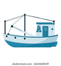 Small fishing boat floating on water, equipped with a cabin and ready for a fishing expedition