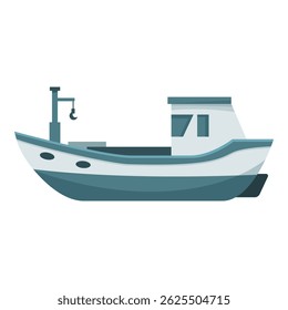 Small fishing boat floating on water with hook, side view, marine industry concept