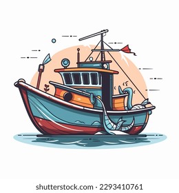 A small fishing boat goes out to sea. Cartoon vector illustration. label, sticker, t-shirt printing