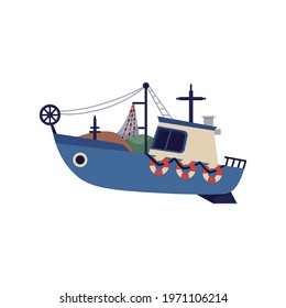 Small fishing boat or launch with nets, flat vector illustration isolated on white background. Watercraft or motorboat for fishing industry and fishermen.