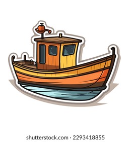 A small fishing boat. Motor boat for divers or fishermen. Cartoon vector illustration. label, sticker, t-shirt printing