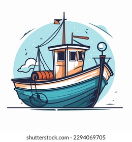 A small fishing boat rocking on the waves. Cartoon vector illustration. label, sticker, t-shirt printing