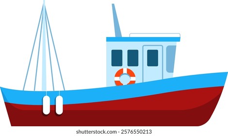 Small fishing boat sailing on the sea with lowered sails and fenders hanging on the side, equipped with a cabin, windows, an antenna, a lifebuoy, and a red and blue hull