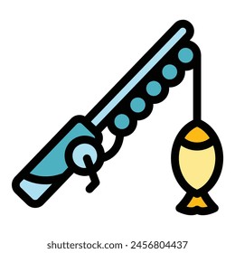 Small fishing rod icon outline vector. Winter lake. Frozen river color flat