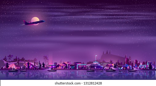 Small fishing town or village on northern coast neon colors cartoon vector. Passenger airliner flying at night over illuminated cottage houses on river or sea shore, boats sailing in bay illustration