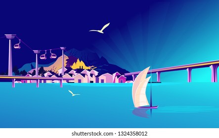 A small fishing village, a tourist town on a rocky shore, with bridges and a cable car, in blue colors. Vector horizontal illustration.