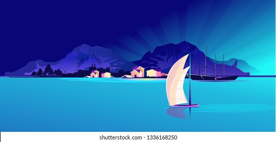 A small fishing village, a tourist town on a rocky shore, with bridges and a cable car, in blue colors. Vector horizontal illustration.